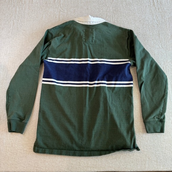 Vintage LL Bean Rugby Shirt Mens Small Green Navy Striped Long Sleeve Cotton - Picture 7 of 7
